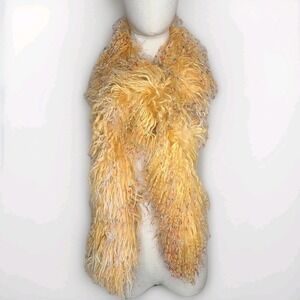 Genuine Mongolia Curly Lamb Fur Scarf Yellow With Red White Blue Tips